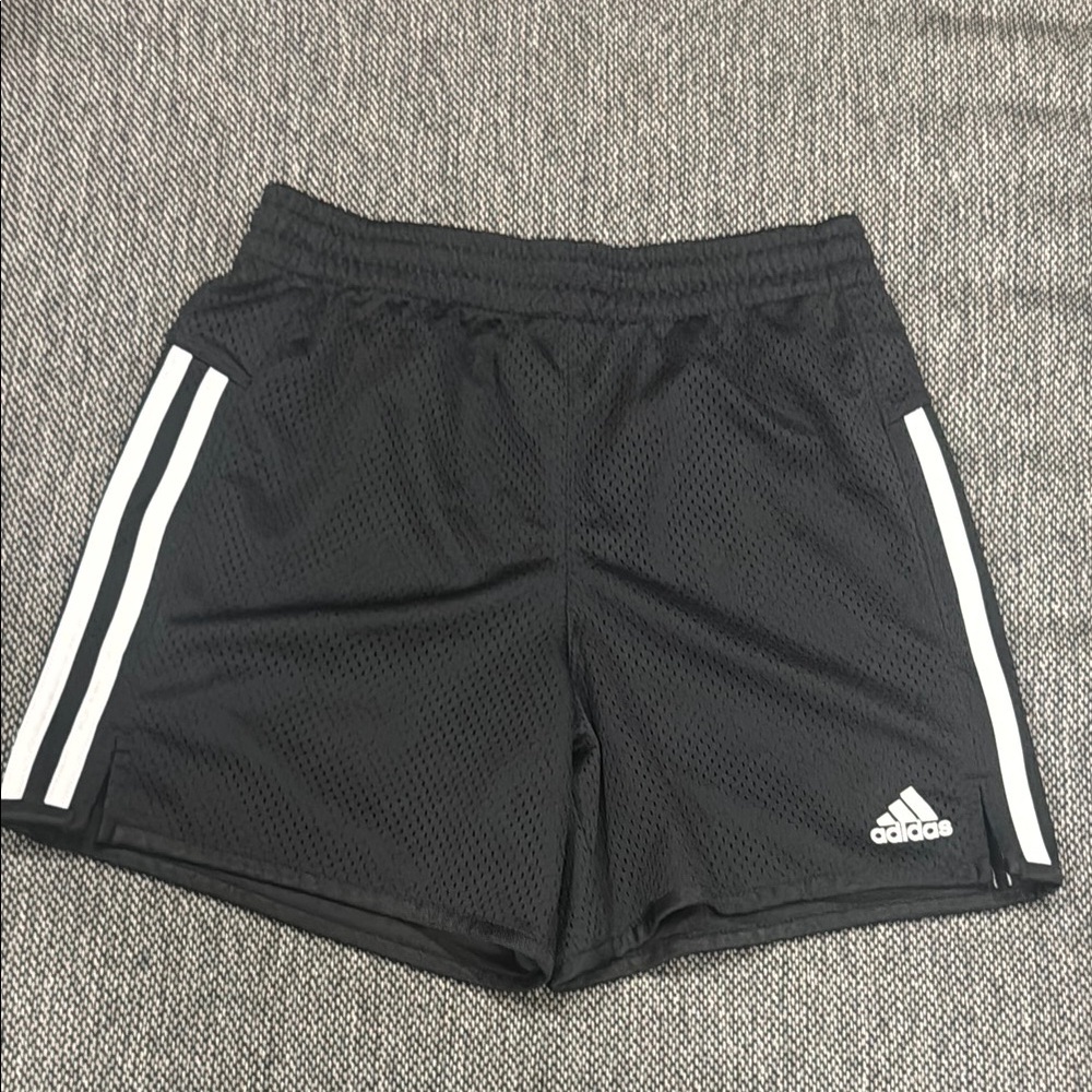 Boys Adidas Black Mesh Soccer Shorts with White Stripes